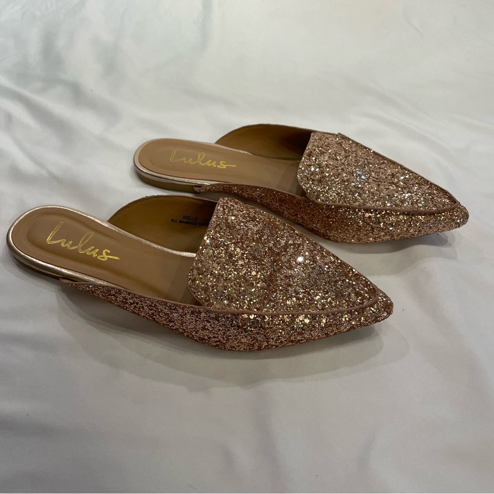 Lulus Joelle Rose Gold Glitter Pointed-Toe Mules Women’s Size 7‎ Slide On Shoes